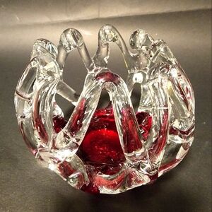 Vintage Cranberry And Clear Art Glass Votive holder Tea Light candle holder